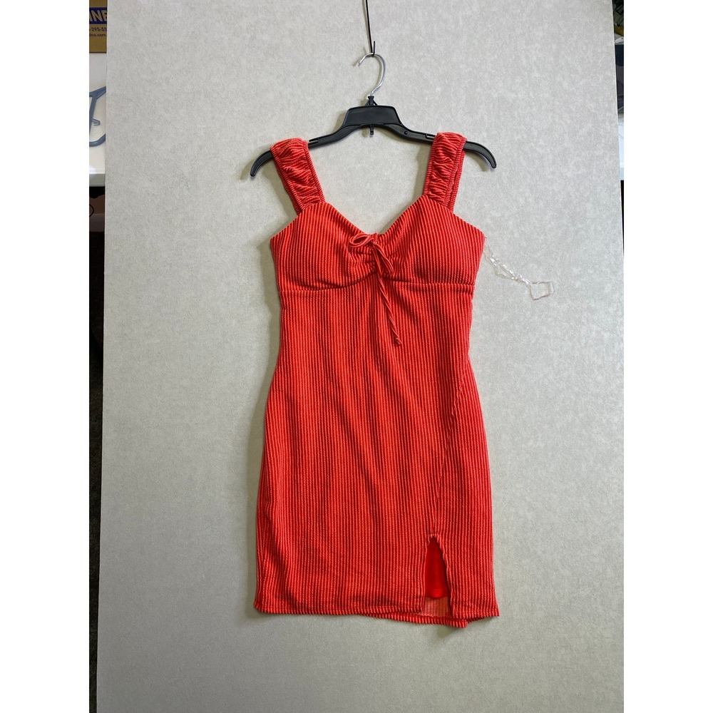 No Boundaries Red Ribbed Bodycon Mini Dress Ruched Straps Tie Front Size S 4-6